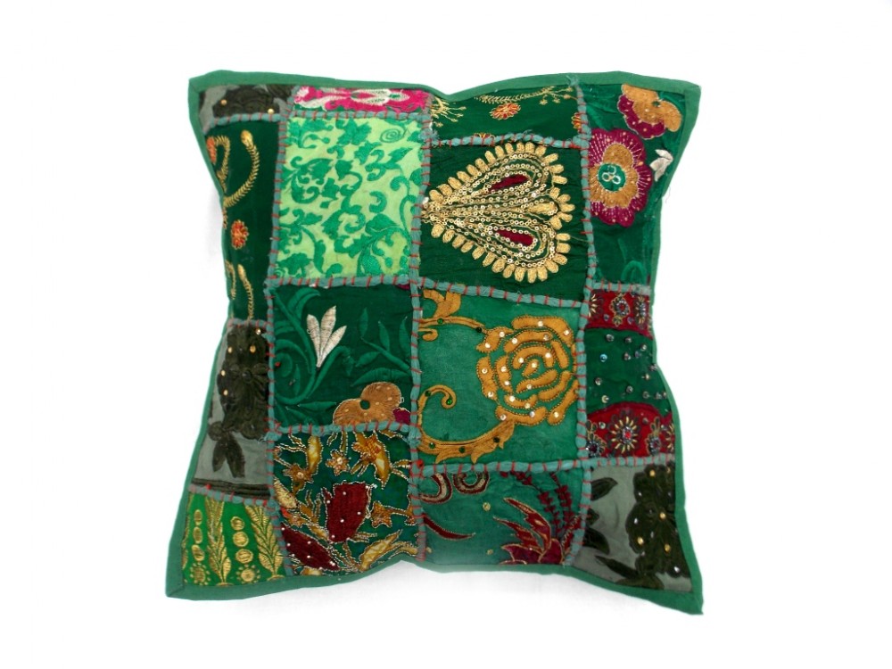 Jaipuri Patch Work Design Cotton Cushion Covers in Green Color Size 17x17 Inch